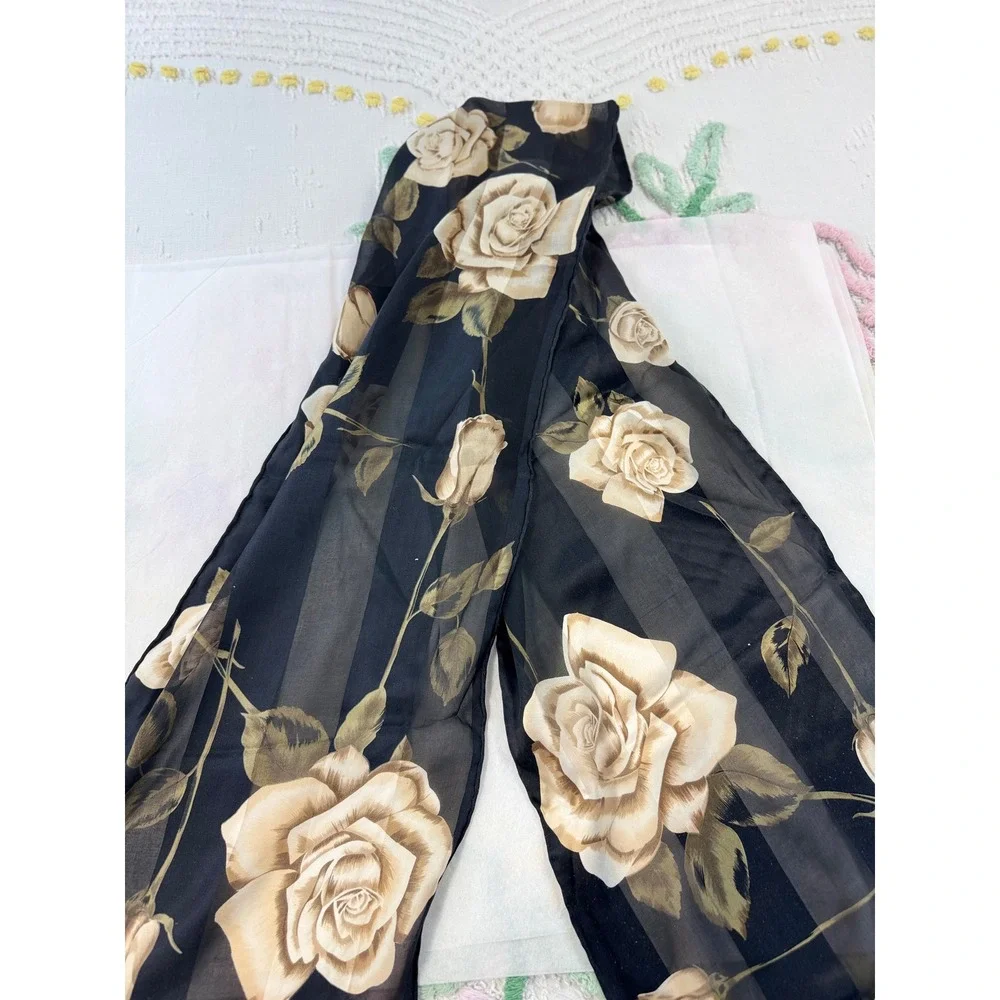 Vintage Sheer Black Floral Rose Print Scarf Cream Tan Striped Rectangular Wrap